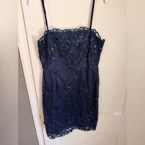 Lulu's Midnight Blue Strapless Lace Dress